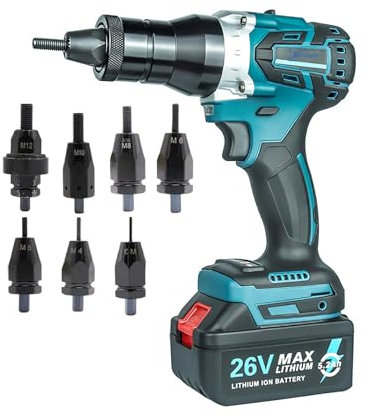 26V Battery Electric Rivet Nut Gun Set avec boîtier de Transport - Riveter Automatique Portable Blind Riveting Nut Gun Tools