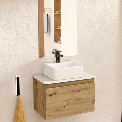 BELLOBATH Mueble Baño Suspendido 49,5cm Roble/Blanco Lavabo Cuadrado Espejo