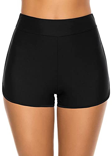 LELELEKALE Badshorts för kvinnor – magkontroll, badshorts, sommar, badbyxor, charmig, hög midja, UV-skydd, simbyxor, korta bikinishorts, simbyxor, sport, gym, hög midja, shorts, svart, L