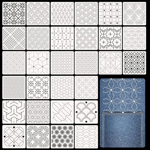 Zernblend 30 pezzi Sashiko Stencil Set, 4.7 X 4.7 pollici Stencil in plastica per motivi geometrici, patchwork a mano, cucito e design tessile, stencil lettere, stencil per rilievo