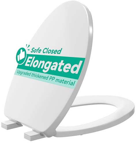PUKANIUM Toilet Seat Elongated, Toilet Seats with Cover Quiet Close, Never Loosen Bumpers, Easy Removing and Cleaning, White, 18.5L x 14W