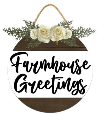 Geroclonup Farmhouse Greetings Schild für Haustür, Veranda, Dekoration, rund, rustikal, Holz, Hängeschilder für Bauernhaus, Veranda, Outdoor, Zuhause, Urlaub, Haustürschild, Dekoration