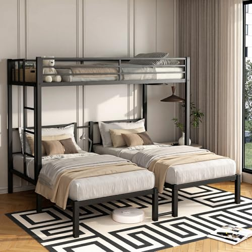 HKOLIE Heavy Duty Triple Bunk Bed for 3, Twin Over Twin Over Twins with Guardrails and Ladder, Metal Bunk Bed, 3 Bed Teens and Adults, No Box Spring Needed (Black)