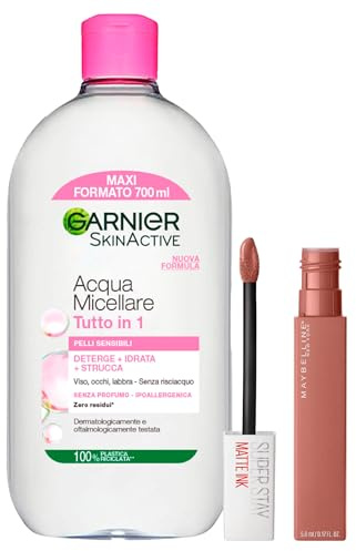 Maybelline New York SuperStay Matte Ink 65 Seductress Matt-Effekt + Garnier SkinActive Mizellares Wasser All-in-1 ohne Ausspülen für empfindliche Haut 700 ml - 2er-Set