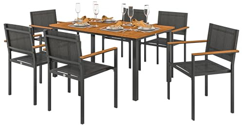Outsunny Set Tavolo e Sedie da Esterno da 7 Pezzi, Set da Pranzo con Tavolo e 6 Sedie Impilabili con Braccioli, Mobili da Esterno in Acciaio, Texteline e Legno di Acacia per Terrazza, Teak