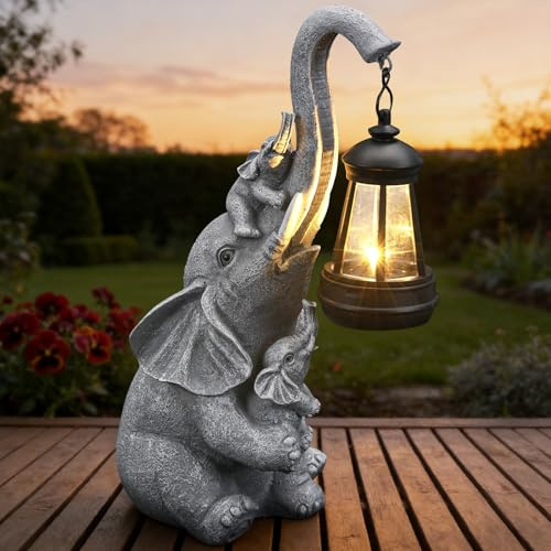 IDEA SHOW Solar Outdoor Garden Decor, Elephant Statue with Lantern for Patio, Yard Ornament and Lawn Decoration, Birthday Housewarming Gift for Mom, Wife, Grandma