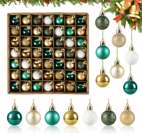 Agoer 49 Stück kleine Christbaumkugeln Grün,Gold,Weiße,7 Designs Weihnachtsbaum Kugeln Kunststoff mit Aufhänger,3cm Weihnachtskugeln Plastik Klein für Hotel-Lobbys und Festliche Geschäftsdekoration