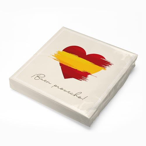 itenga Buen provecho Lot de 20 serviettes en papier 3 couches Motif drapeau de l'Espagne et cœur 30 x 30 cm