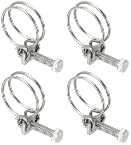 sourcing map 4Pcs Double Wire Hose Clips 25-29mm Adjustable with M6 Screw | Adjustable, 304 Stainless Steel, Silver, Wire Pipe Tube Clamps, Plumbing Joint Fastener, for Dust Collection Pool Pond