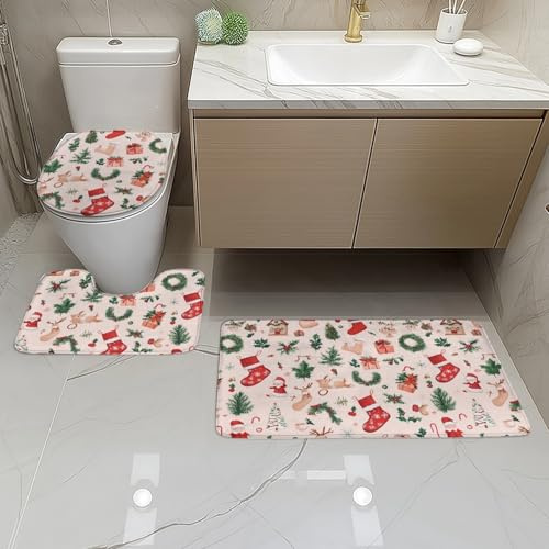 badezimmerteppich Set Grüne Rote Weihnachten Badezimmermatte WC Teppich Dekoration Schnell Trocknend Badgarnitur 3 Teilig Stand WC Deckelbezug Badvorleger rutschfest Waschbar 50x80 cm