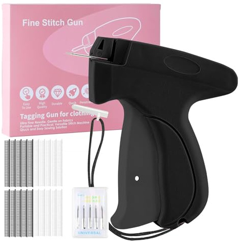 SINZONeu Pistola de coser a mano Mini – Máquina de coser portátil con 5 agujas + 1000 pinzas, reparación de rayos para ropa y cortinas, kit de costura de viaje para reparaciones textiles, negro