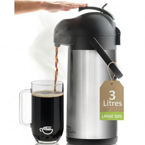 3L Coffee Carafe Vacuum Jug Stainless Steel Pump to Keep Drink 12 Hours Hot | Keep Drinks 36 Hours Cold Insulated Tea Dispenser, Lab Tested Thermal Teapot & Pump Pot - Cresimo