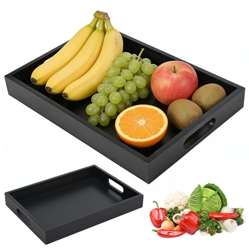 YYTECH Bamboo Serving Tray with Handles, Serving Tray 34 x 24 x 4 cm, Black Wooden Tray for Dinner, Breakfast, Food, Snack, Coffee Table, Home Decorative Storage for Bed, Tea, Kitchen