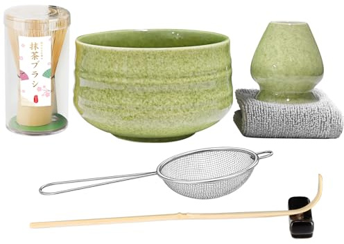 7pcs Matcha Set, Matcha Whisk Set - Matcha Whisk Bamboo, Whisk Holder, Matcha Bowl, Scoop, Sifter, Absorbent Cloth - Japanese Tea Ceremony Set for Home Use or as a Gift, Green