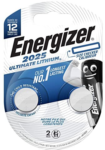Energizer - Ultimate Lithium, Pack de 2 Pilas CR 2025, Litio de Larga duración para Necesidades específicas, sin Mercurio añadido y 20 años Vida útil