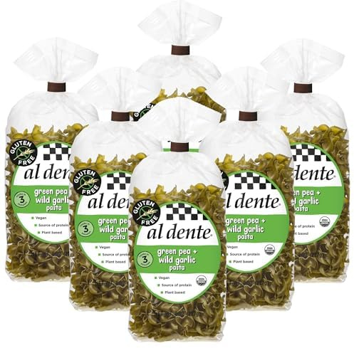 Al Dente Plant-Based Pasta Green Pea + Wild Garlic – Gluten-Free, Vegan, Non-GMO, Organic High Protein Pasta. Delicious And Versatile. Great for Pastas, Soups, Salads, and More 8oz Bags (Pack of 6)