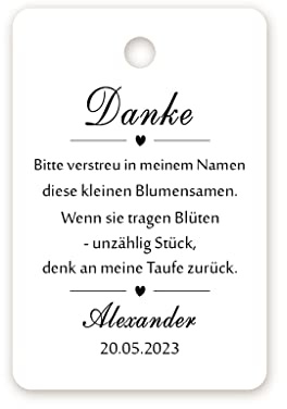 100 PERSONALISIERT Geschenkanhänger Tags Papieranhänger Etiketten Danke zur Taufe Hochzeit Kommunion Konfirmation Taufe Geburtstag Blumensamen - Tag 062