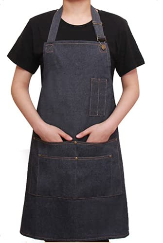 Tablier en denim, tablier de travail multifonctionnel réglable avec poches à outils avec pour barbier peintre artisan jardinier coiffeur barista tablier en denim anti. (bleu)