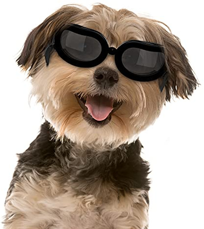 Pawaboo Dog Sunglasses, Small Dog Goggles with Adjustable Band, Waterproof Windproof Snowproof Cool Glasses for Puppy and Cat, Black