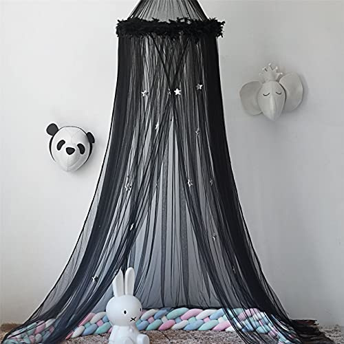 Kinder Betthimmel, Babybett Baldachin, Hängend Baby Moskitonetz mit Sternen und Feder Prinzessin Spielzelte Dekoration für Kinderzimmer (Schwarz)
