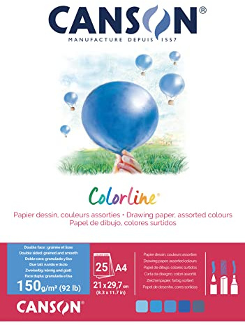 CANSON Colorline, Farbiges Zeichenpapier, Zweiseitig: gekörnt und glatt, 150gsm, 92lb, An der kurzen Seite geleimter Block, A4-21x29,7cm, 5 verschiedene Farbtöne, 25 Blatt - C31074P002