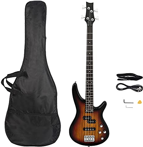 Bonnlo Electric Bass Guitar 4-String for Beginner Right Hand with Shoulder Strap, Wrench Tool, Power Line and Bag (Sunset)