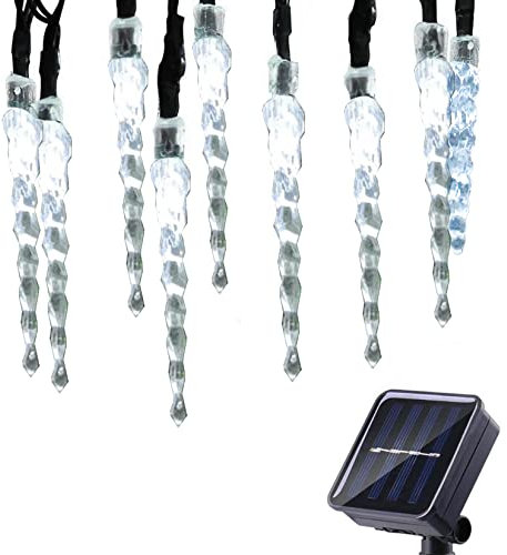 DINOWIN Eiszapfen Lichterkette Außen Solar, 23ft 50 LED Wasserdicht 8 Modi Eisregen Weihnachten Außenlichterkette für Innen Außen Garten Fenster,Traufe,Vorbau (Weiß)