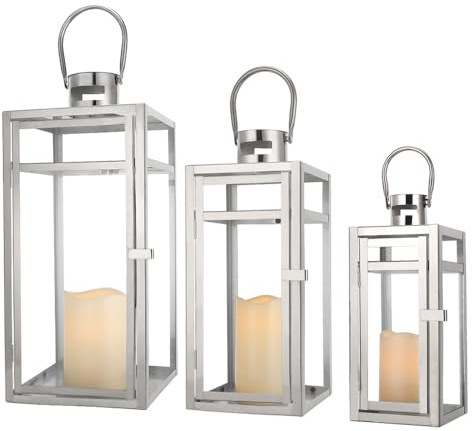 TRIROCKS 3tlg. Edelstahl Hängende Glaslaterne 48/38/30 cm Hoch Kerzenständer Windlicht Hochzeitsgeschenke Für Kerzen Garten Draußen Terrassen Balkon Dekoration Geburtstag (Silber)