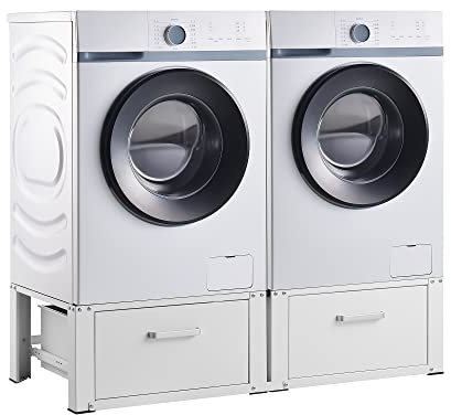 [en.casa] Waschmaschinen-Doppeluntergestell Heyen mit 2 Schubladen gummierte Füße Unterschrank 2-facher Sockel 2x150kg Stahl 127x54x31cm Weiß