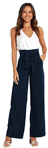 Odizli Paperbag Hosen Damen Elegant High Waist Culottes Palazzo Hosenrock Lang Weite Hose Sommer Business Festlich Stoffhose Marlenehose Anzughose Schlupfhose Freizeithose mit Gürtel Marineblau L
