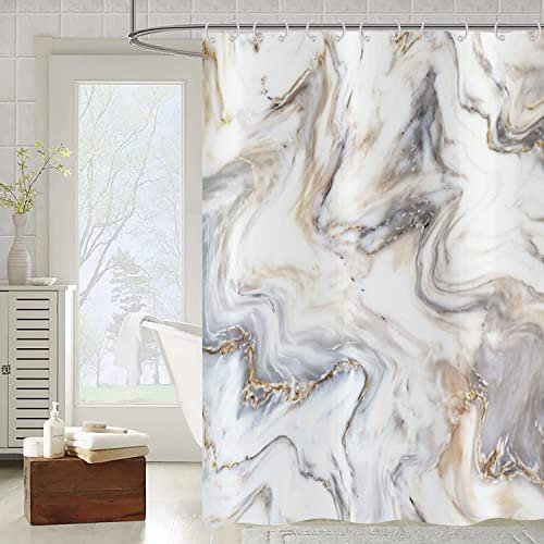 ASDCXZ Duschvorhang Marmor 180x180 cm, Modern Abstrakt Grau Gold Weiß Braun Marmor Optik Textur Waschbar Stoff Bad Duschvorhänge Polyester Textil Wasserdicht Duschvorhang für Badewanne mit 12 Hake