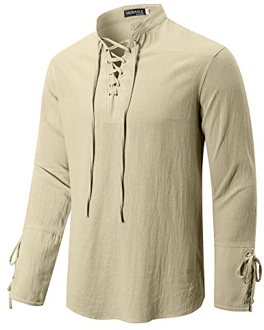 YAOBAOLE Men's Linen Cotton Shirt Lace Up Pirate Hippie Henley Shirt Tops Khaki L