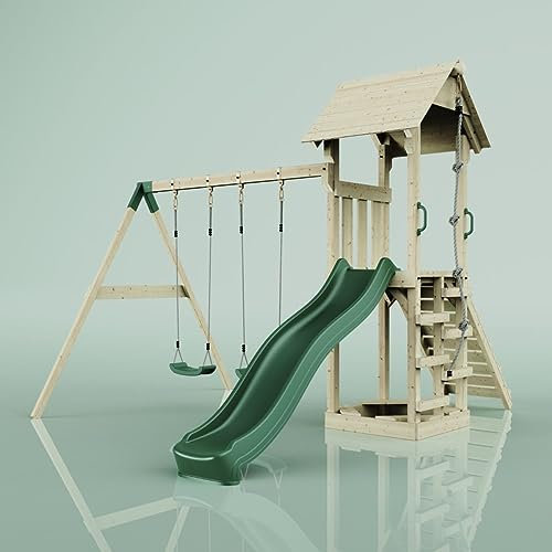 Rebo Spielturm mit Wellenrutsche und Kinder-Schaukel (2X) | Outdoor Klettergerüst Garten | Kletterseil und Kletterleiter | Stabile Konstruktion, Weiches Gefühl in den Seilen
