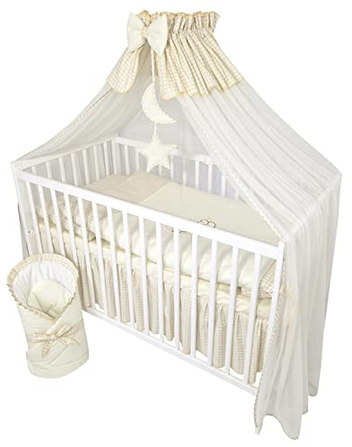 Bello24 - 11 Teiliges Kinderbettwäsche Babybettwäsche Komplettset ohne Bett Bestickt mit Teddybär auf dem Mond Hellbeige (100x135 cm)