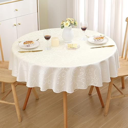Homaxy Mantel lavable, redondo, 140 cm, poliéster, mantel jacquard, ropa de mesa, adornos, repele la suciedad, fácil cuidado, color beige