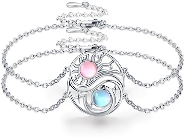 Waysles 2 Stücke Bff Armband Mond Sonne 925 Sterling Silber Schwestern Armband Runden Kristallen Mondstein Sonne Mond Freundschaftsarmband Bff Schmuck für 2