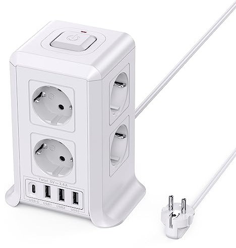 5M Torre Regletas Enchufes, 8 Tomas de AC y 4 USB Enchufe Multiple, 2500W/10A,Regleta Enchufes Proteccion Sobretension, Regreltas Vertical con Interruptor para,Casa, Mesa, Oficia, Blanco