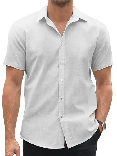 COOFANDY Men's Short Sleeve Oxford Shirt - Slim Fit Cotton, Non-Iron, Button Down Beach Shirt - White, Size L