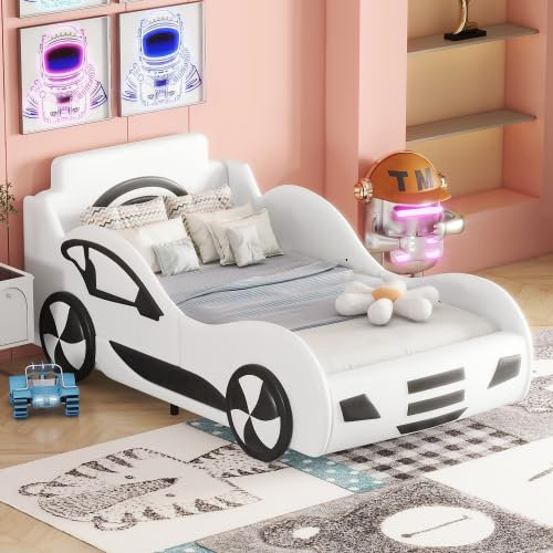 SogesHome Kinderzimmerbett Kinderbett 90 x 200 Flachbett Modell Autobett mit Unterbettstauraum Bettmaterial aus PU + MDF