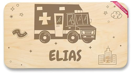 Geschenk mit Namen personalisiert by Shirtracer Frühstücksbrettchen Holz - Rettungsdienst Ambulanz - Krankenwagen Name - Sanitäter Rettungsauto Rettungsfahrzeug Ambulance - 22x12 - - SB01