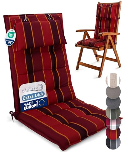 Beautissu Premium Hochlehner Auflage mit Kopfpolster Gartenstuhlauflage | 120x50cm Rot Gestreift 8cm Dickes Polster Robuster Gartenstuhlauflage mit Befestigungsbändern Befestigungsbänder Sun-HL