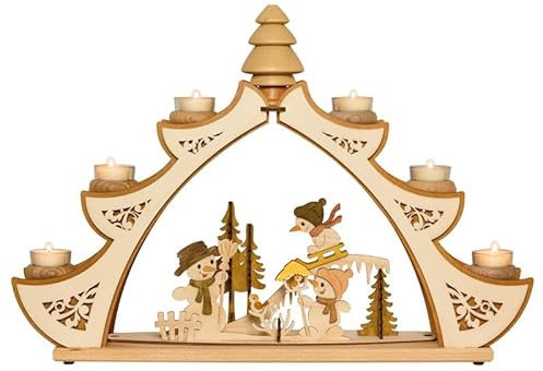 Kuhnert Lichterbogen/Schwibbogen für Teelichter - Mit 6 Glaseinsätzen und Räuchertanne - Motiv: Schneemann - Maße: ca. 56 x 10 x 39 cm - Made in Germany