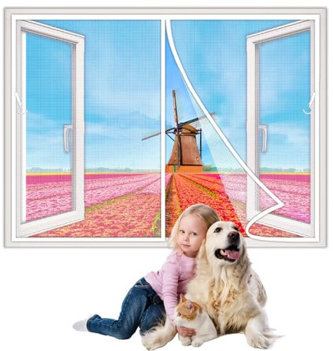 Cortina Mosquitera para Ventanas, 215x185cm Cortina antiinsectos Fácil de ensamblar, Cierre Automático de Arriba a Abajo, Manos libres, Blanco 1995-Tamaños