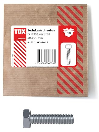 TOX Sechskantschraube M6x25, verzinkt, DIN 933, Maschinenschrauben mit Vollgewinde und geringer Kopfhöhe, 10 Stück in einer wiederverschließbaren und umweltschonenden Papierverpackung, 12443066625