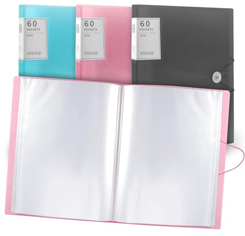 Porte-Vues A4, 60 Poches, Pochettes En Plastique Et Corde De Sécurité, Dossiers De Présentation, Dossiers De Projet, Pour l'école Et Le Bureau (Rose)