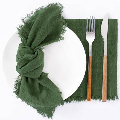 Stoffservietten, Baumwollservietten mit Fransen, 17 x 17 Zoll, Baumwoll-Dinnerservietten, Leinen-Tischservietten für Weihnachten, Hochzeiten, Partys, 12er-Set, Olivgrün
