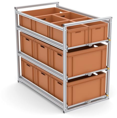 Tinobu Heckgaragenregal 120 cm - Eurobox Auszug 60x40, auch 30x40 möglich, 2-4 Ebenen, Etagenaufteilung nach Boxenhöhe, Vollauszug mit Arretierung, Breite 60 cm