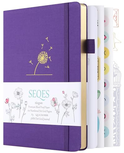 SeQeS A5 Bullet Dotted Journal Notebook | 160gsm Thick Bleedproof Paper, Lay Flat Binding, 160 Numbered Pages | Hard Cover Dot Grid Notebook/Bullet Journals for Creatives, & Professionals- Blowball