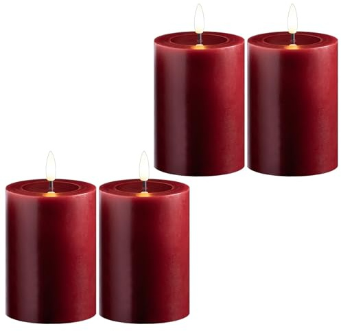Novaliv 4 Set LED Stumpenkerze Mit Timer - Echtwachs, Warmweiß, 7,5cm ø 10cm Höhe, Flackereffekt, Flammenlos - Rot, 2 AA Batterien Nötig