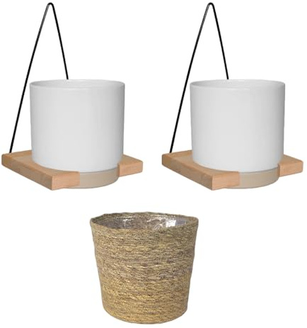 Green Me Up 3er Blumentopf Set | 2X Keramikübertopf Weiß (13 cm), 1x Seegraskorb Natur (14 cm) | hängende Blumenkübel für Pflanzen und Kräuter | Boho Deko